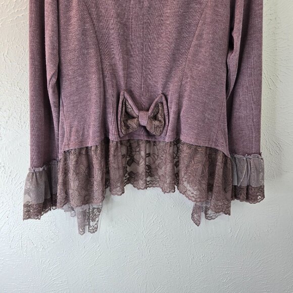 Fairycore Ruffle Cardigan M Purple Lace Bow Rhinestone Y2K Whimsigoth Sweater - Picture 11 of 13